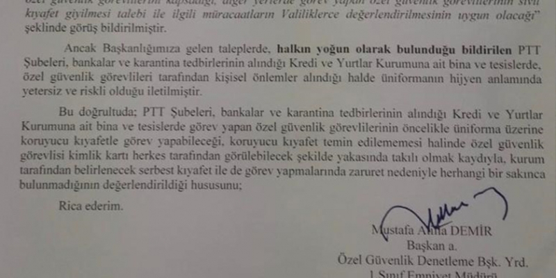 ÖZEL GÜVENLİK DENETLEME BAŞKANLIĞINDAN PTT, BANKALAR VE KYK YURTLARI İLE İLGİLİ SERBEST KIYAFET YAZISI
