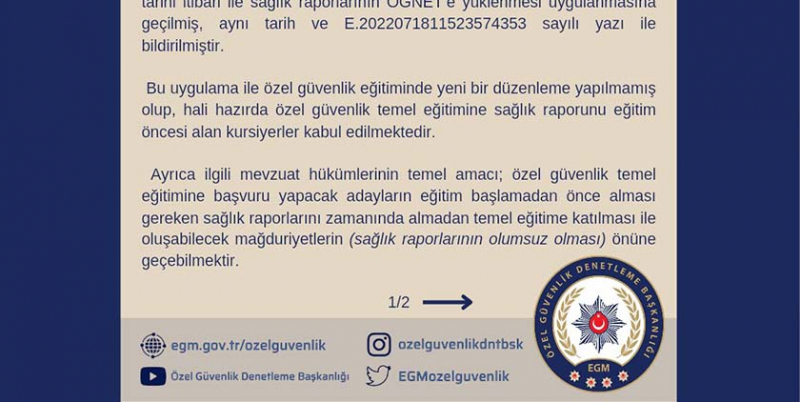 Özel Güvenlik Temel Eğitime Başlamadan Önce Alınması Gereken Sağlık Raporları Hakkında Duyuru Yayınlandı