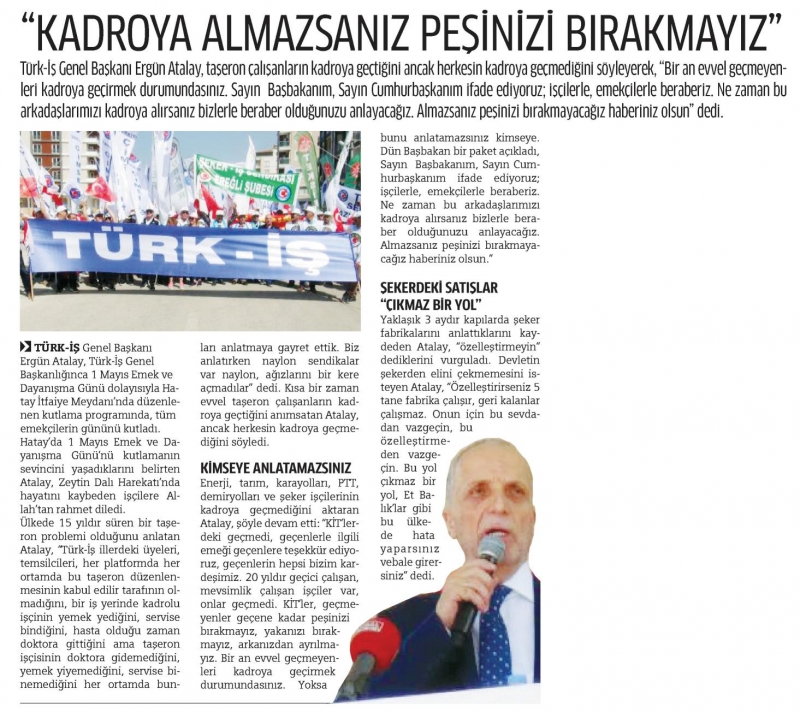 TÜRK-İŞ'ten çok sert taşeron uyarısı''Zararlı Çıkarsınız''